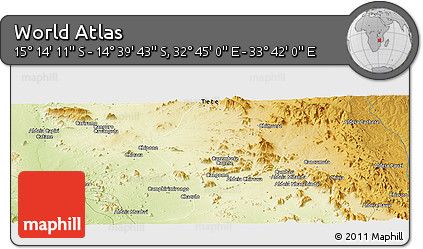 Physical Panoramic Map of the Area around 14° 56' 57" S, 33° 13' 30" E