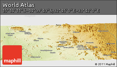 Physical Panoramic Map of the Area around 14° 56' 57" S, 33° 13' 30" E