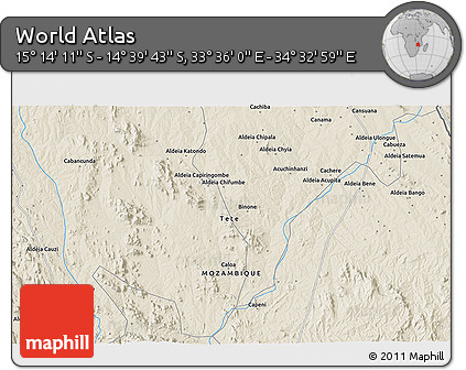 Shaded Relief 3D Map of the Area around 14° 56' 57" S, 34° 4' 30" E