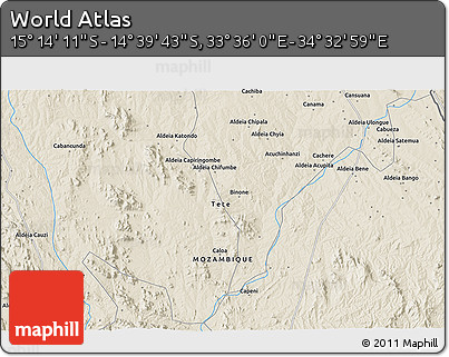 Shaded Relief 3D Map of the Area around 14° 56' 57" S, 34° 4' 30" E