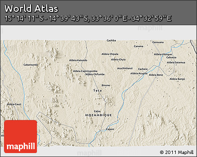 Shaded Relief 3D Map of the Area around 14° 56' 57" S, 34° 4' 30" E