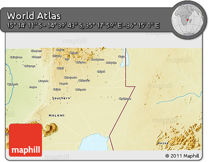 Physical 3D Map of the Area around 14° 56' 57" S, 35° 46' 29" E