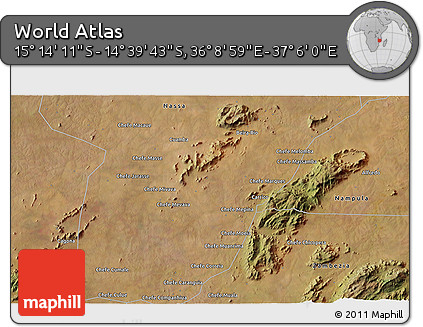 Satellite 3D Map of the Area around 14° 56' 57" S, 36° 37' 30" E