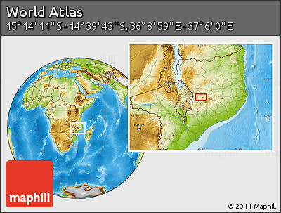 Physical Location Map of the Area around 14° 56' 57" S, 36° 37' 30" E