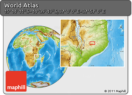 Physical Location Map of the Area around 14° 56' 57" S, 37° 28' 30" E
