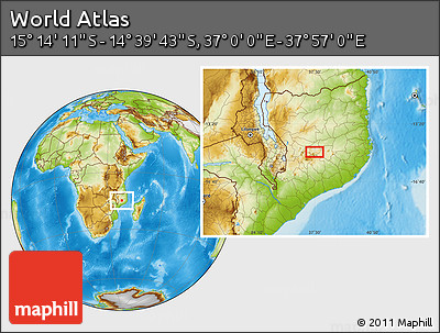 Physical Location Map of the Area around 14° 56' 57" S, 37° 28' 30" E