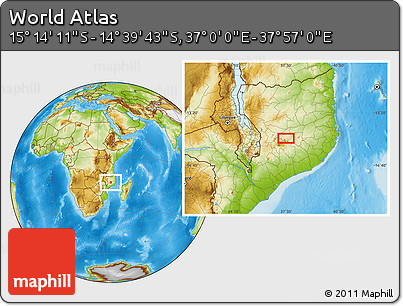 Physical Location Map of the Area around 14° 56' 57" S, 37° 28' 30" E