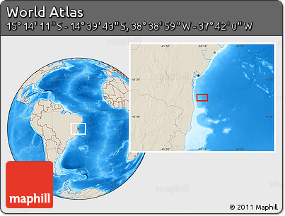 Shaded Relief Location Map of the Area around 14° 56' 57" S, 38° 10' 29" W