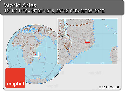 Gray Location Map of the Area around 14° 56' 57" S, 39° 10' 29" E