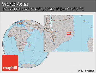 Gray Location Map of the Area around 14° 56' 57" S, 39° 10' 29" E