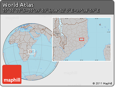 Gray Location Map of the Area around 14° 56' 57" S, 39° 10' 29" E