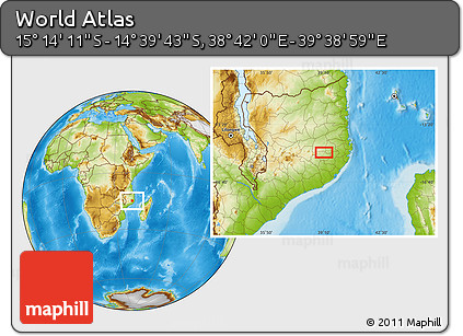 Physical Location Map of the Area around 14° 56' 57" S, 39° 10' 29" E