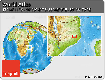 Physical Location Map of the Area around 14° 56' 57" S, 39° 10' 29" E