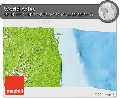 Physical 3D Map of the Area around 14° 56' 57" S, 39° 1' 29" W