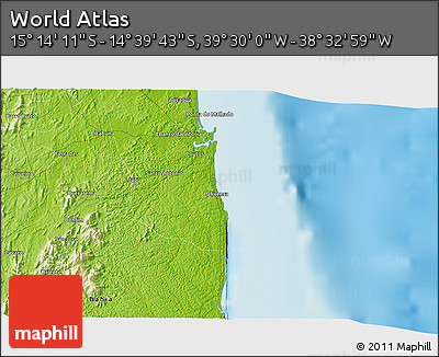 Physical 3D Map of the Area around 14° 56' 57" S, 39° 1' 29" W