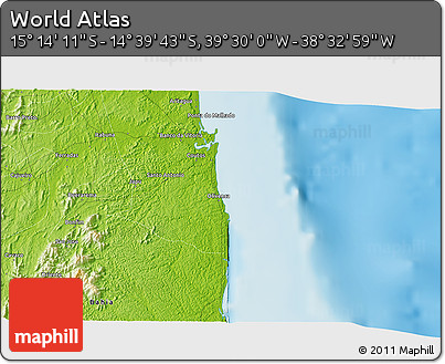 Physical 3D Map of the Area around 14° 56' 57" S, 39° 1' 29" W