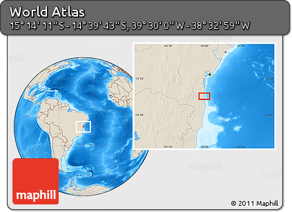 Shaded Relief Location Map of the Area around 14° 56' 57" S, 39° 1' 29" W
