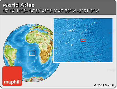 Physical Location Map of the Area around 14° 56' 57" S, 3° 19' 30" W