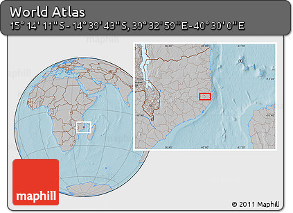 Gray Location Map of the Area around 14° 56' 57" S, 40° 1' 29" E, hill shading