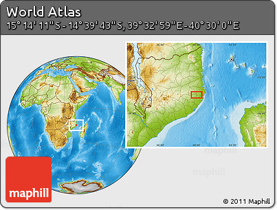 Physical Location Map of the Area around 14° 56' 57" S, 40° 1' 29" E