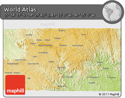 Physical 3D Map of the Area around 14° 56' 57" S, 40° 43' 30" W