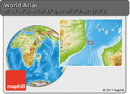 Physical Location Map of the Area around 14° 56' 57" S, 41° 43' 30" E