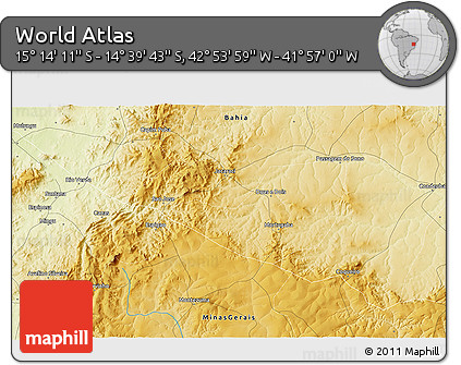 Physical 3D Map of the Area around 14° 56' 57" S, 42° 25' 29" W