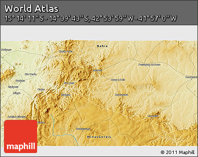 Physical 3D Map of the Area around 14° 56' 57" S, 42° 25' 29" W