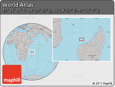 Gray Location Map of the Area around 14° 56' 57" S, 45° 7' 30" E