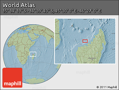 Savanna Style Location Map of the Area around 14° 56' 57" S, 45° 58' 30" E, hill shading