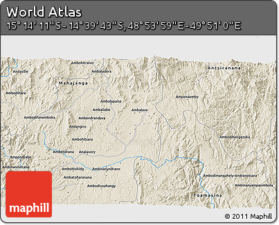 Shaded Relief 3D Map of the Area around 14° 56' 57" S, 49° 22' 30" E