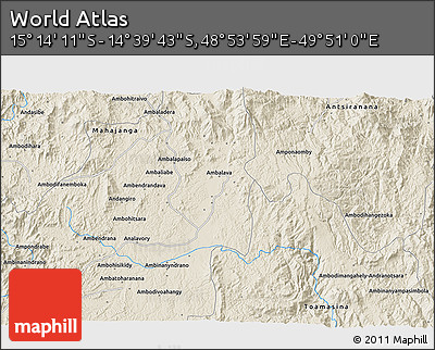 Shaded Relief 3D Map of the Area around 14° 56' 57" S, 49° 22' 30" E