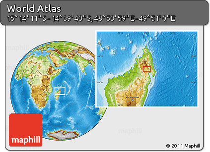 Physical Location Map of the Area around 14° 56' 57" S, 49° 22' 30" E