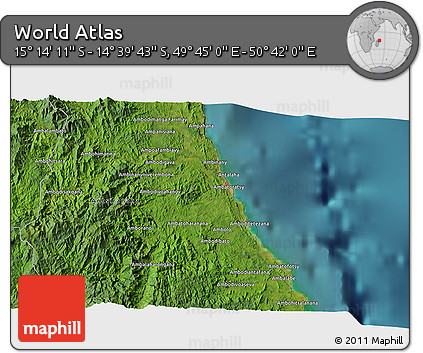Satellite 3D Map of the Area around 14° 56' 57" S, 50° 13' 30" E