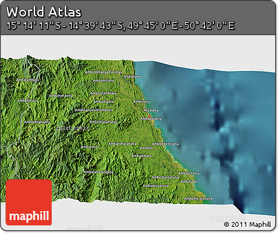 Satellite 3D Map of the Area around 14° 56' 57" S, 50° 13' 30" E