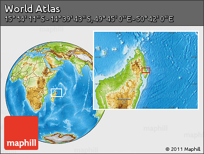 Physical Location Map of the Area around 14° 56' 57" S, 50° 13' 30" E