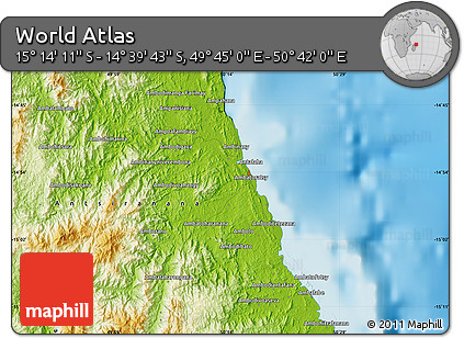Physical Map of the Area around 14° 56' 57" S, 50° 13' 30" E
