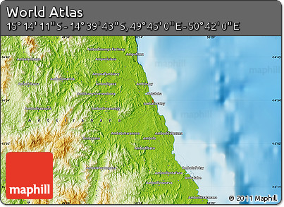 Physical Map of the Area around 14° 56' 57" S, 50° 13' 30" E