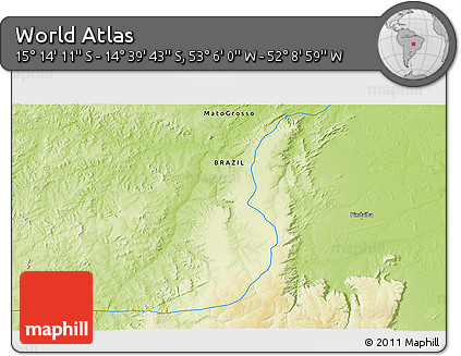 Physical 3D Map of the Area around 14° 56' 57" S, 52° 37' 30" W