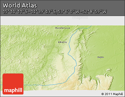 Physical 3D Map of the Area around 14° 56' 57" S, 52° 37' 30" W
