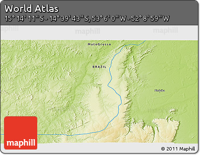 Physical 3D Map of the Area around 14° 56' 57" S, 52° 37' 30" W