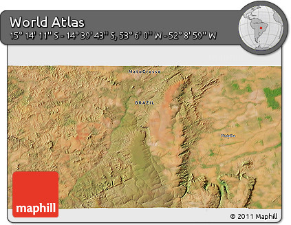 Satellite 3D Map of the Area around 14° 56' 57" S, 52° 37' 30" W