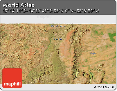 Satellite 3D Map of the Area around 14° 56' 57" S, 52° 37' 30" W
