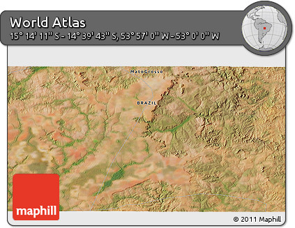 Satellite 3D Map of the Area around 14° 56' 57" S, 53° 28' 30" W