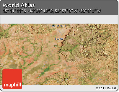 Satellite 3D Map of the Area around 14° 56' 57" S, 53° 28' 30" W