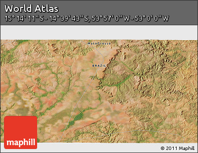 Satellite 3D Map of the Area around 14° 56' 57" S, 53° 28' 30" W