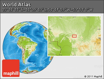 Physical Location Map of the Area around 14° 56' 57" S, 54° 19' 30" W