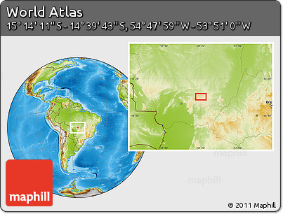 Physical Location Map of the Area around 14° 56' 57" S, 54° 19' 30" W