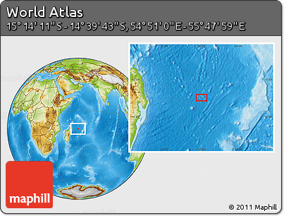 Physical Location Map of the Area around 14° 56' 57" S, 55° 19' 30" E