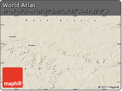 Shaded Relief Map of the Area around 14° 56' 57" S, 55° 10' 29" W